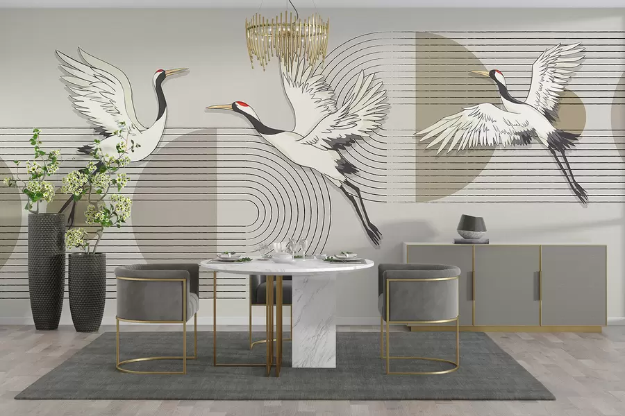 fototapeter Tre hvite kraner i flukt mot en geometrisk minimalistisk bakgrunn med konsentriske sirkler w08188