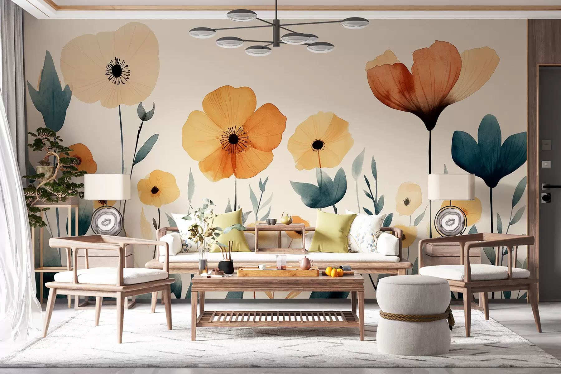 fototapeter Akvarell engblomster, rustikk, blomsterkomposisjon, enkel tegning, beige, oransje, blå  w01453