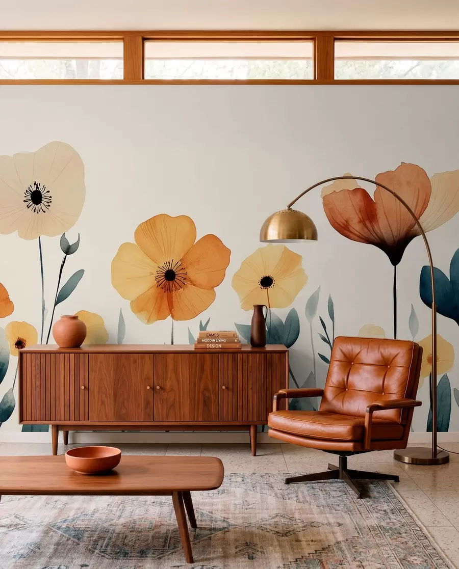 fototapeter Akvarell engblomster, rustikk, blomsterkomposisjon, enkel tegning, beige, oransje, blå  w01453