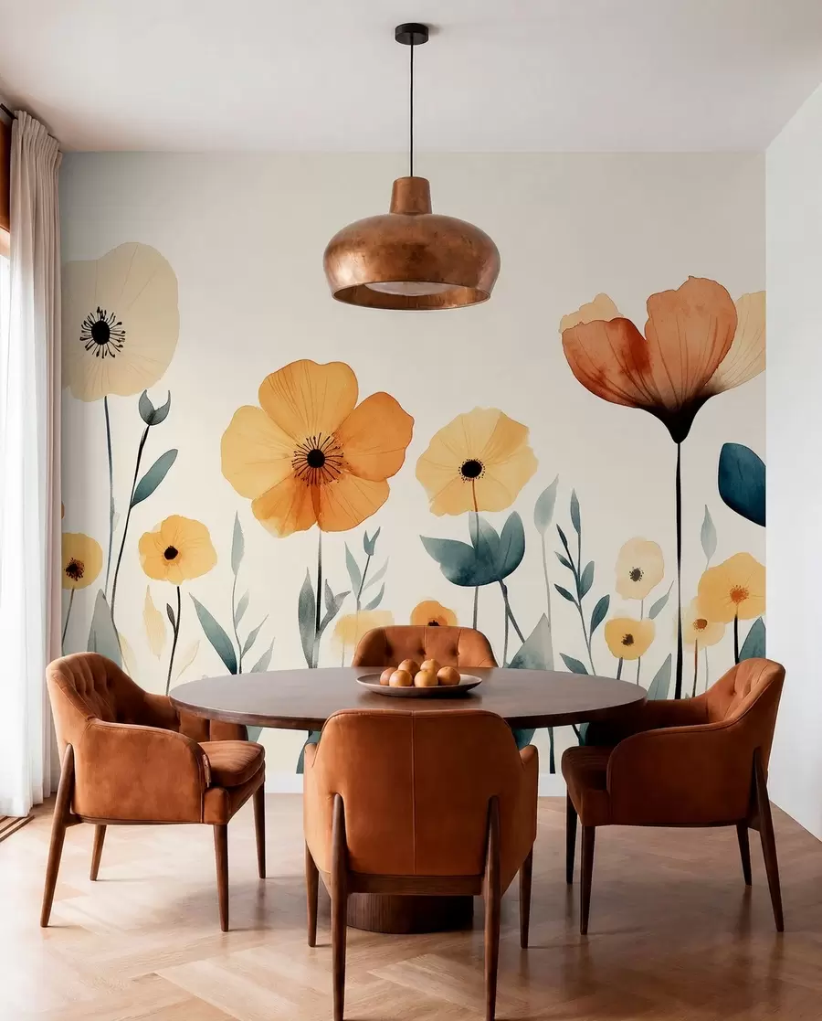 fototapeter Akvarell engblomster, rustikk, blomsterkomposisjon, enkel tegning, beige, oransje, blå  w01453