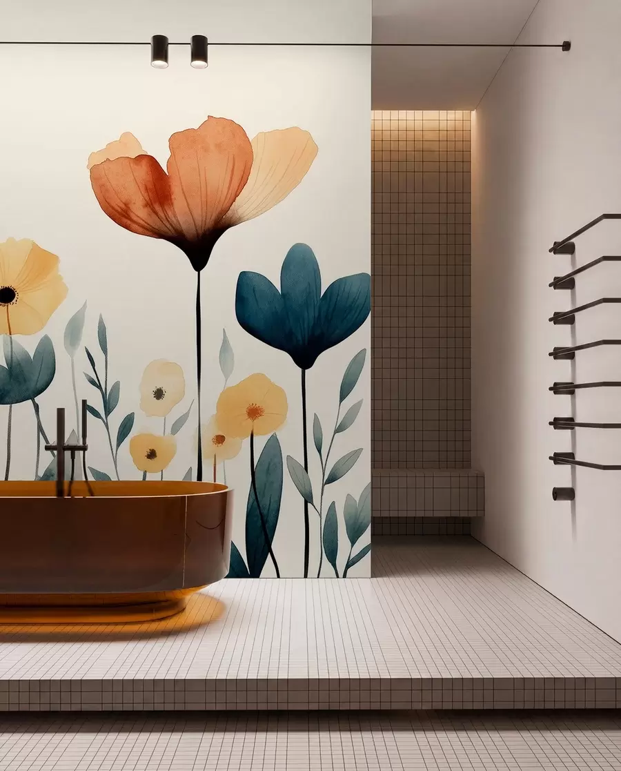fototapeter Akvarell engblomster, rustikk, blomsterkomposisjon, enkel tegning, beige, oransje, blå  w01453