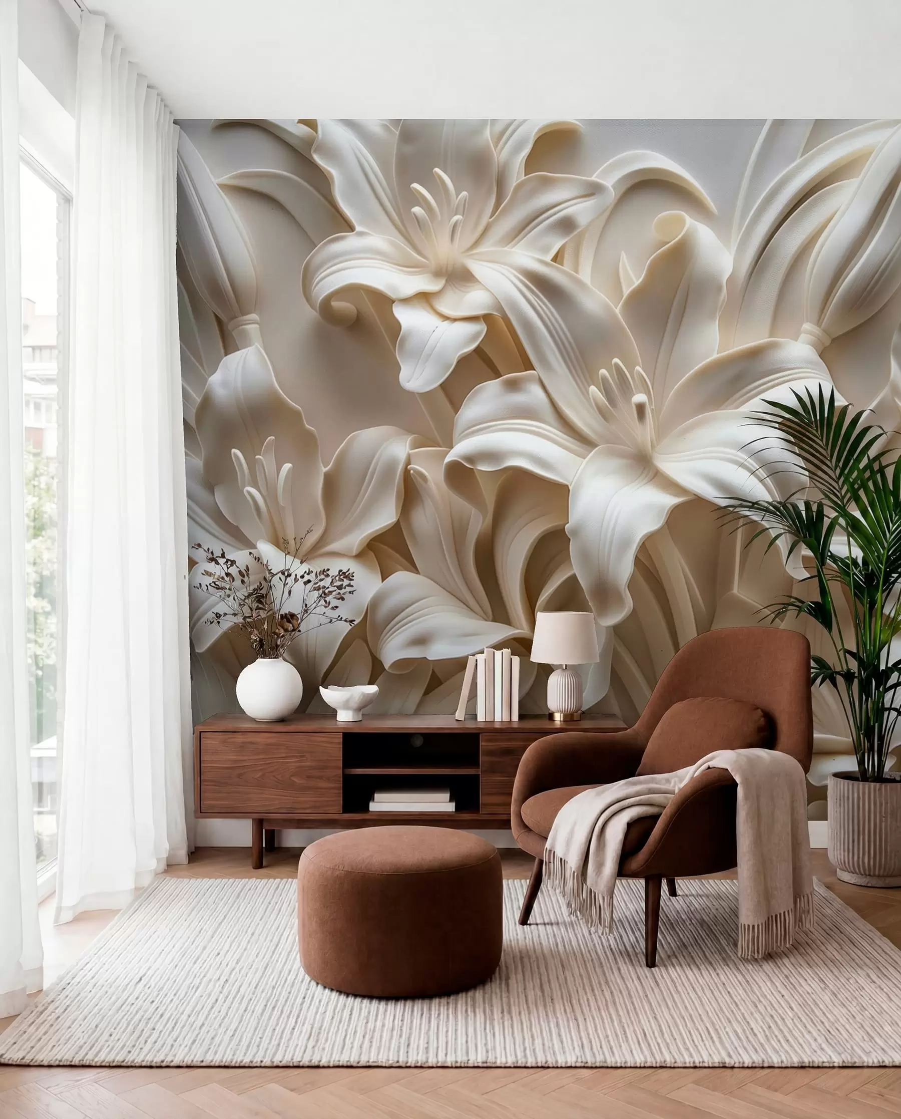 fototapeter Elegant beige 3d-relieff av utskårne liljer w01433