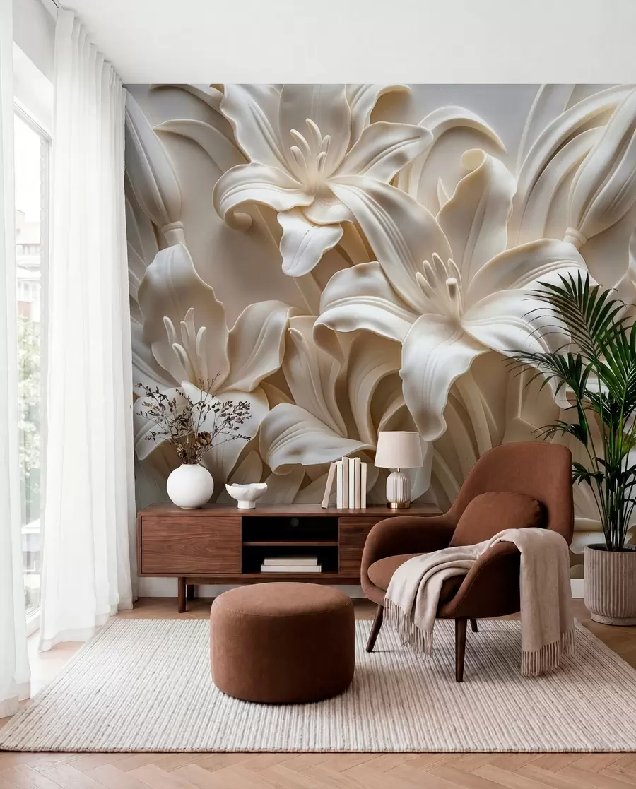 fototapeter Elegant beige 3d-relieff av utskårne liljer w01433