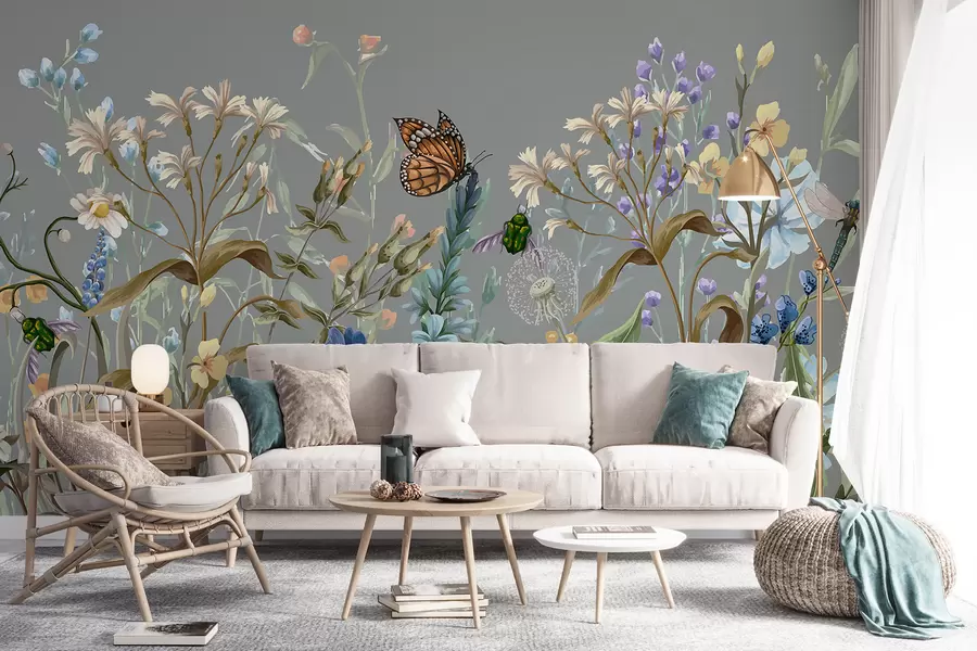 fototapeter En fargerik blå illustrasjon av en frodig blomsterhagescene med insekter i en drømmeaktig, fantastisk stil w08234
