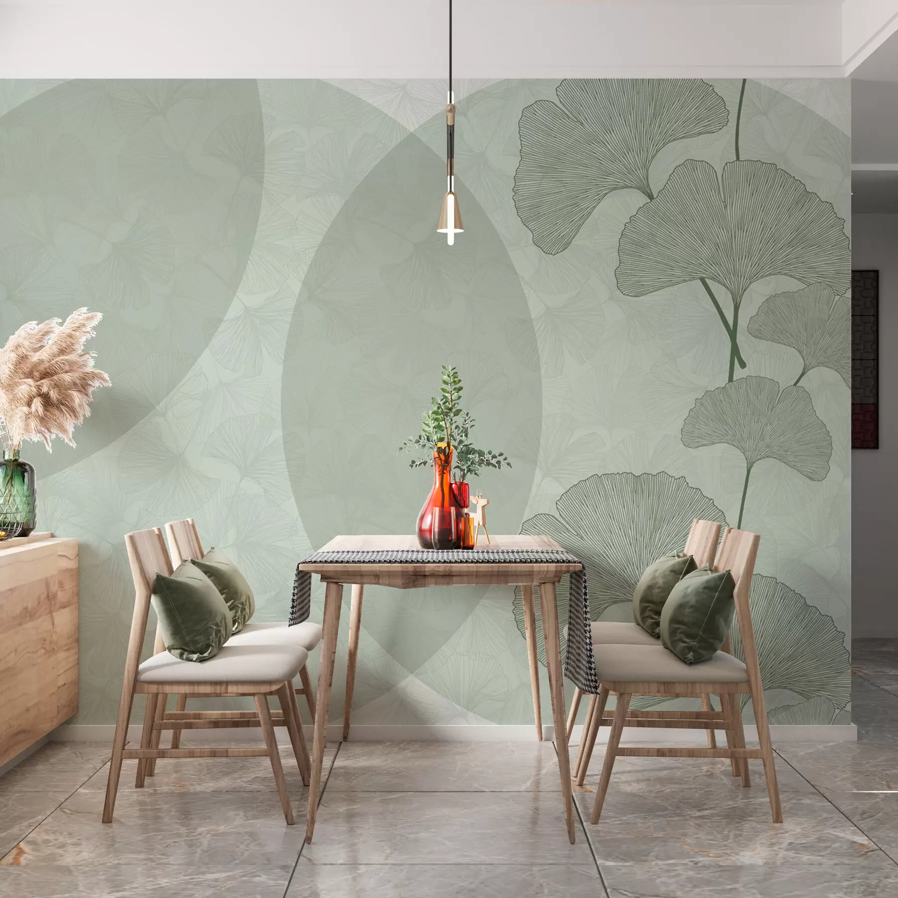 fototapeter Store ginkgo blader og geometri grønn farge w01465v2