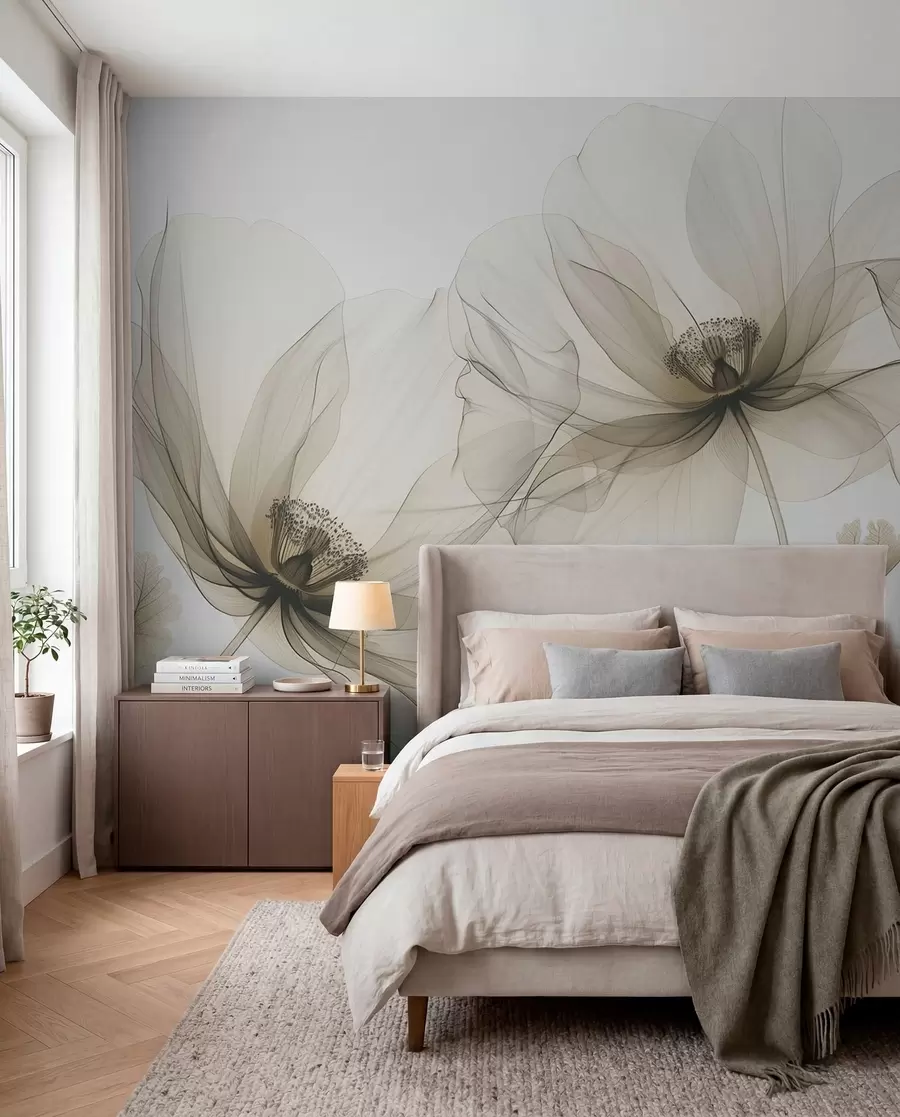 fototapeter Brun gjennomsiktig blomst i røntgenstil på hvit bakgrunn Minimalistisk monokrom botanisk design w01482v2