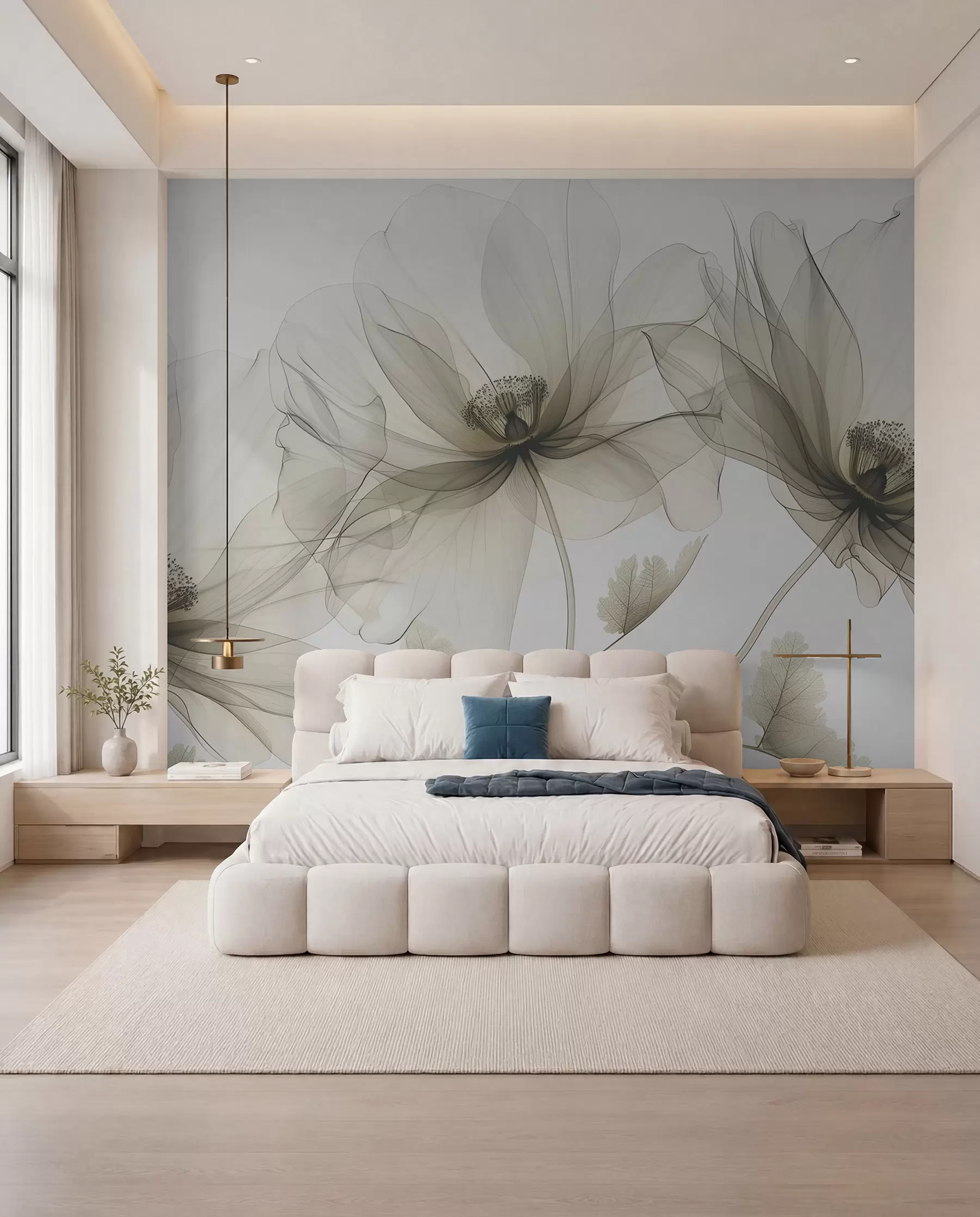 fototapeter Brun gjennomsiktig blomst i røntgenstil på hvit bakgrunn Minimalistisk monokrom botanisk design w01482v2