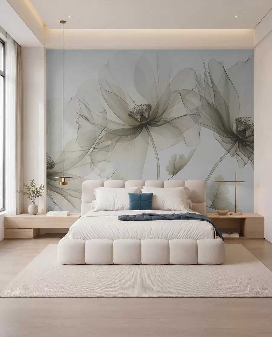 fototapeter Brun gjennomsiktig blomst i røntgenstil på hvit bakgrunn Minimalistisk monokrom botanisk design w01482v2