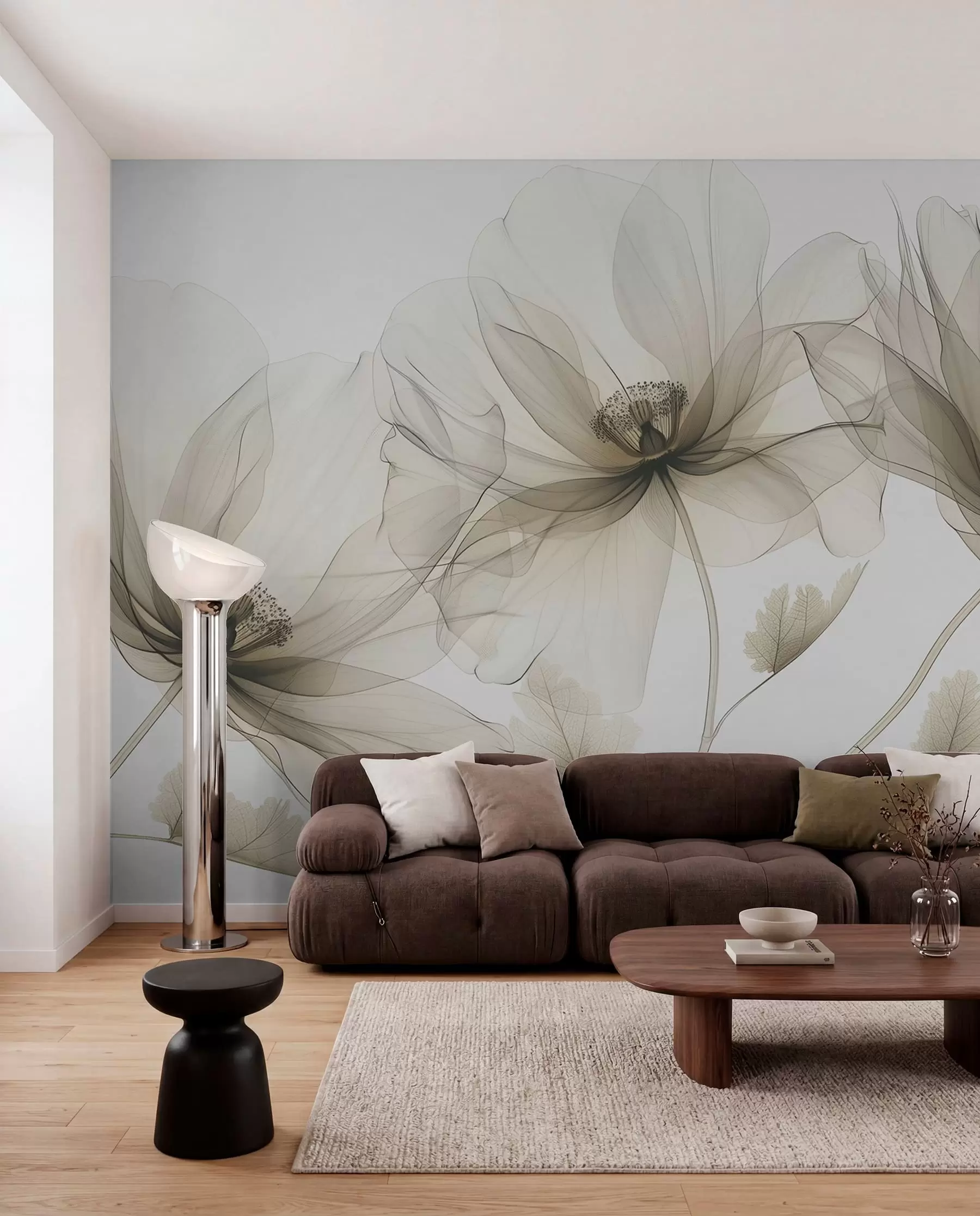 fototapeter Brun gjennomsiktig blomst i røntgenstil på hvit bakgrunn Minimalistisk monokrom botanisk design w01482v2