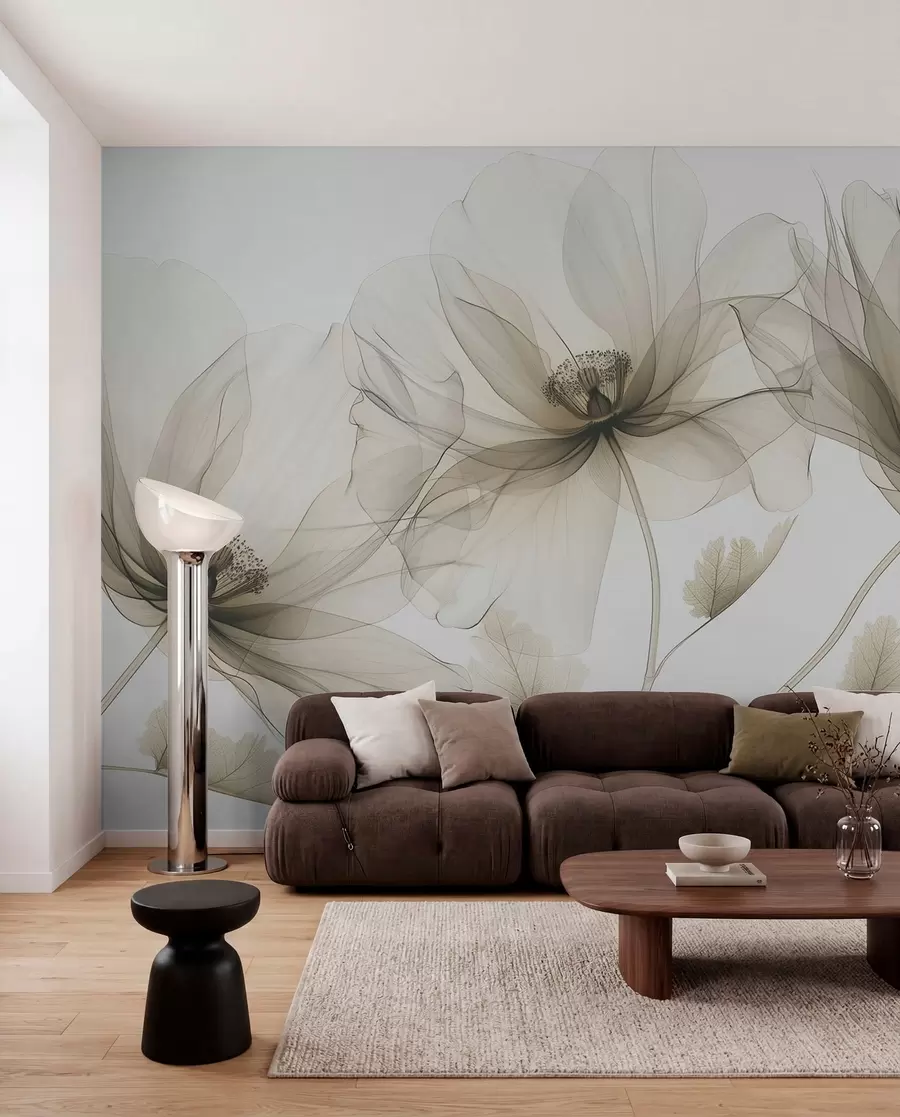 fototapeter Brun gjennomsiktig blomst i røntgenstil på hvit bakgrunn Minimalistisk monokrom botanisk design w01482v2