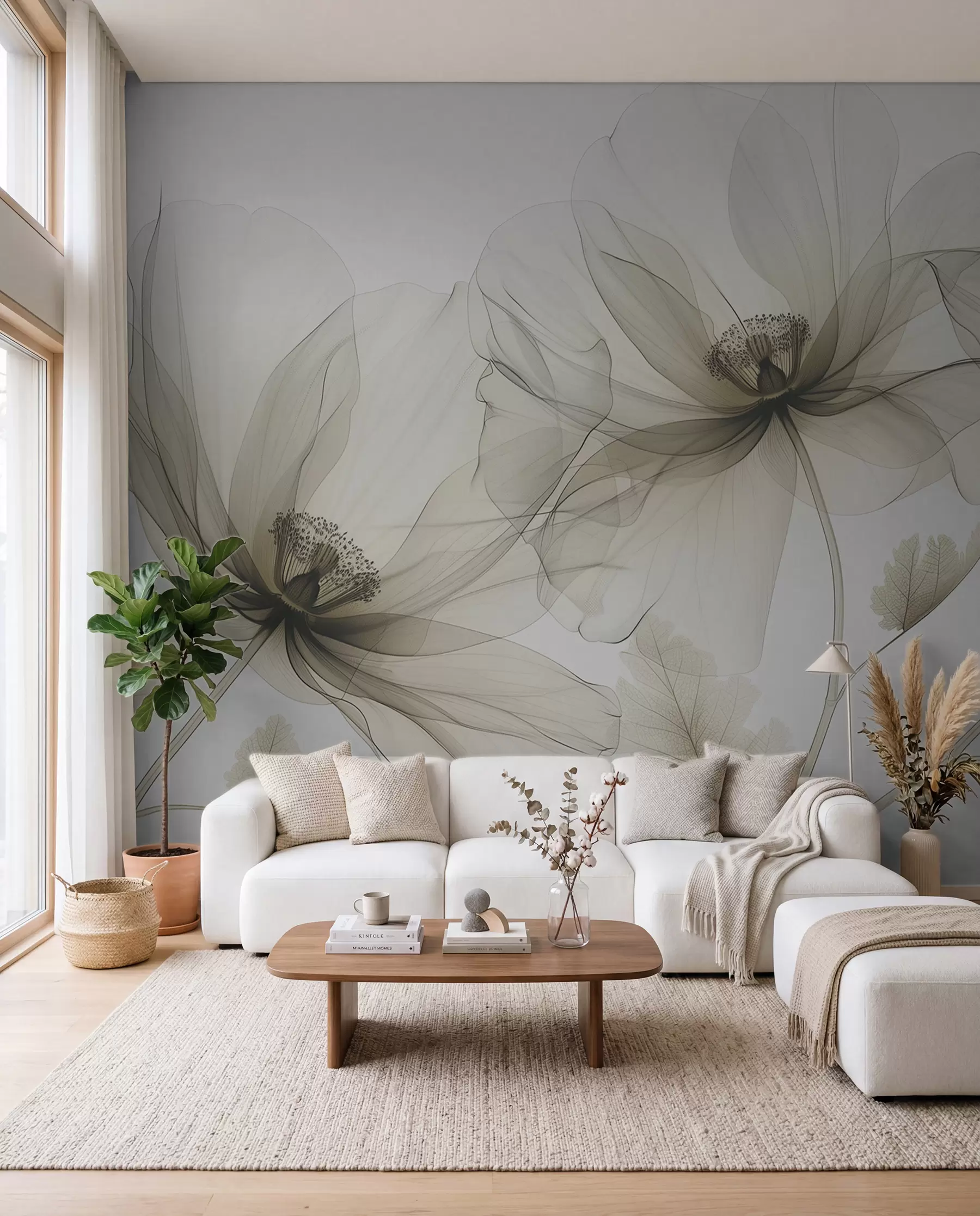 fototapeter Brun gjennomsiktig blomst i røntgenstil på hvit bakgrunn Minimalistisk monokrom botanisk design w01482v2