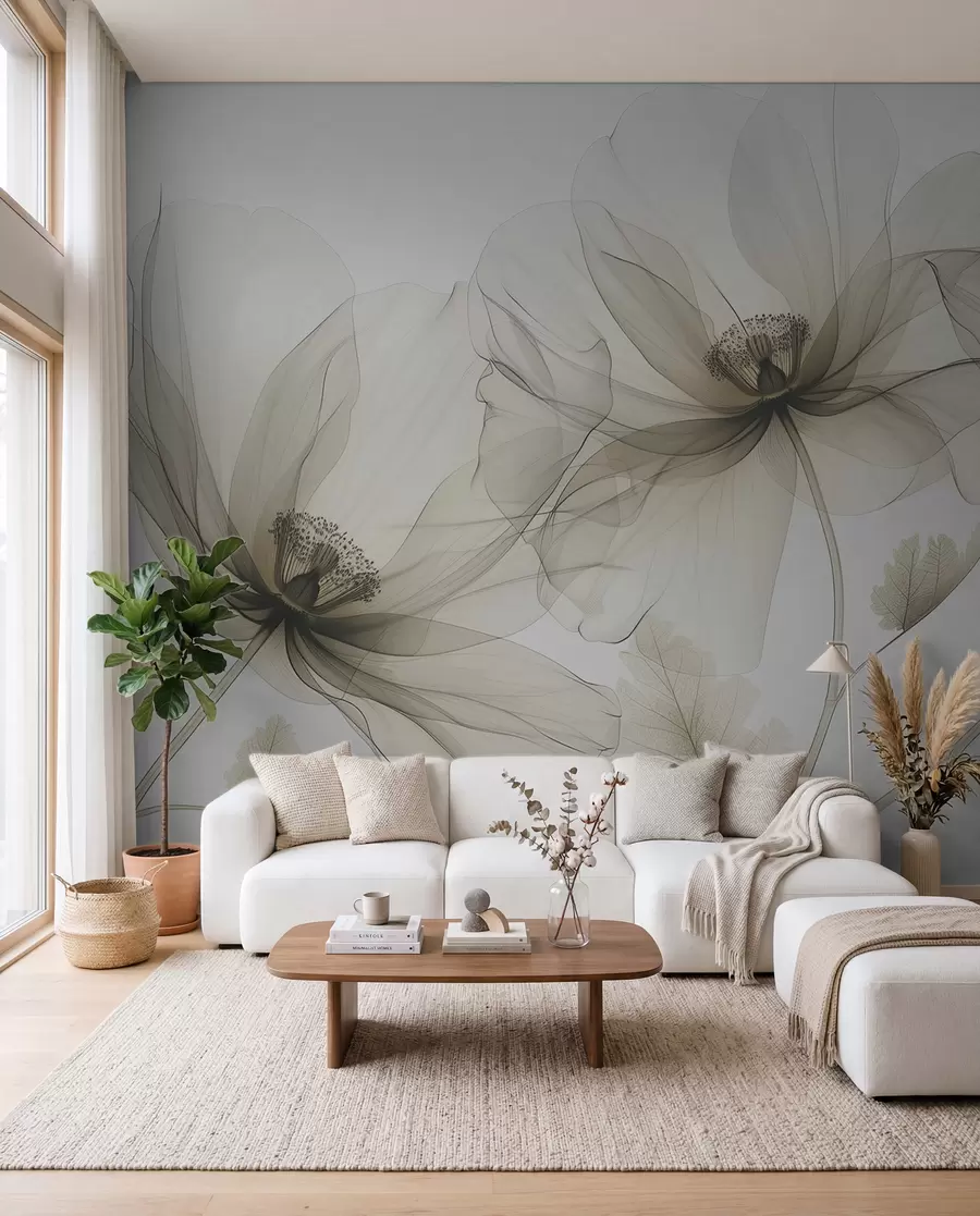 fototapeter Brun gjennomsiktig blomst i røntgenstil på hvit bakgrunn Minimalistisk monokrom botanisk design w01482v2