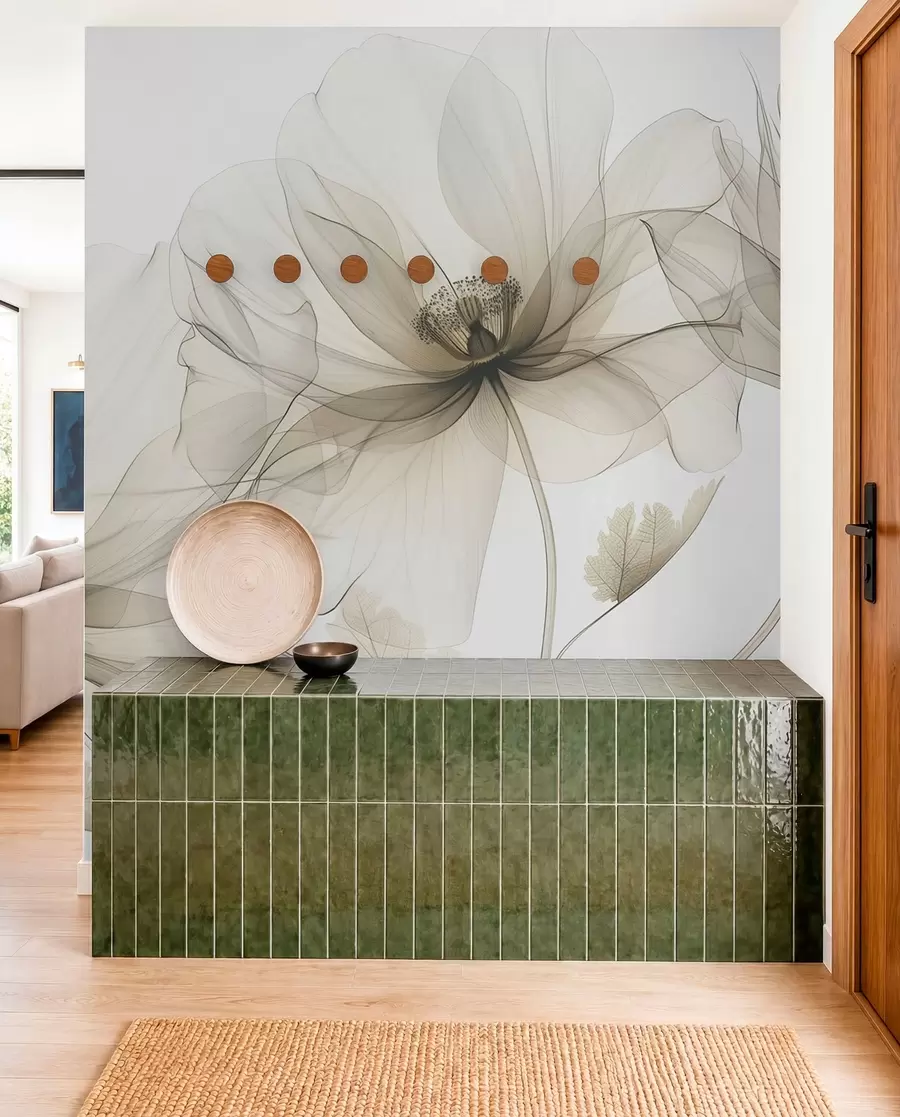 fototapeter Brun gjennomsiktig blomst i røntgenstil på hvit bakgrunn Minimalistisk monokrom botanisk design w01482v2