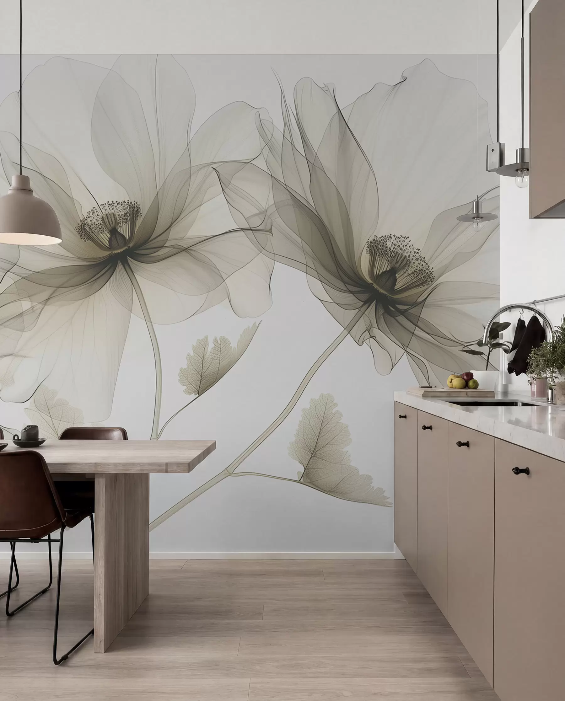 fototapeter Brun gjennomsiktig blomst i røntgenstil på hvit bakgrunn Minimalistisk monokrom botanisk design w01482v2
