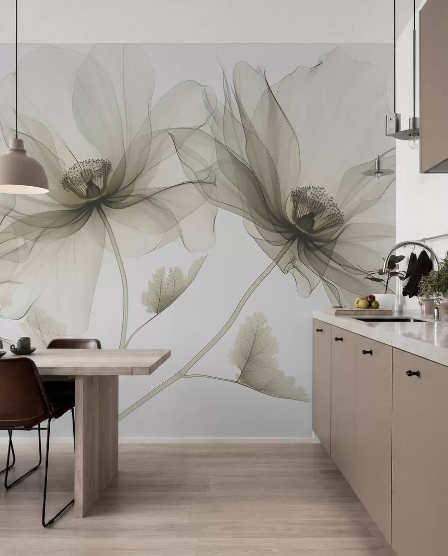 fototapeter Brun gjennomsiktig blomst i røntgenstil på hvit bakgrunn Minimalistisk monokrom botanisk design w01482v2