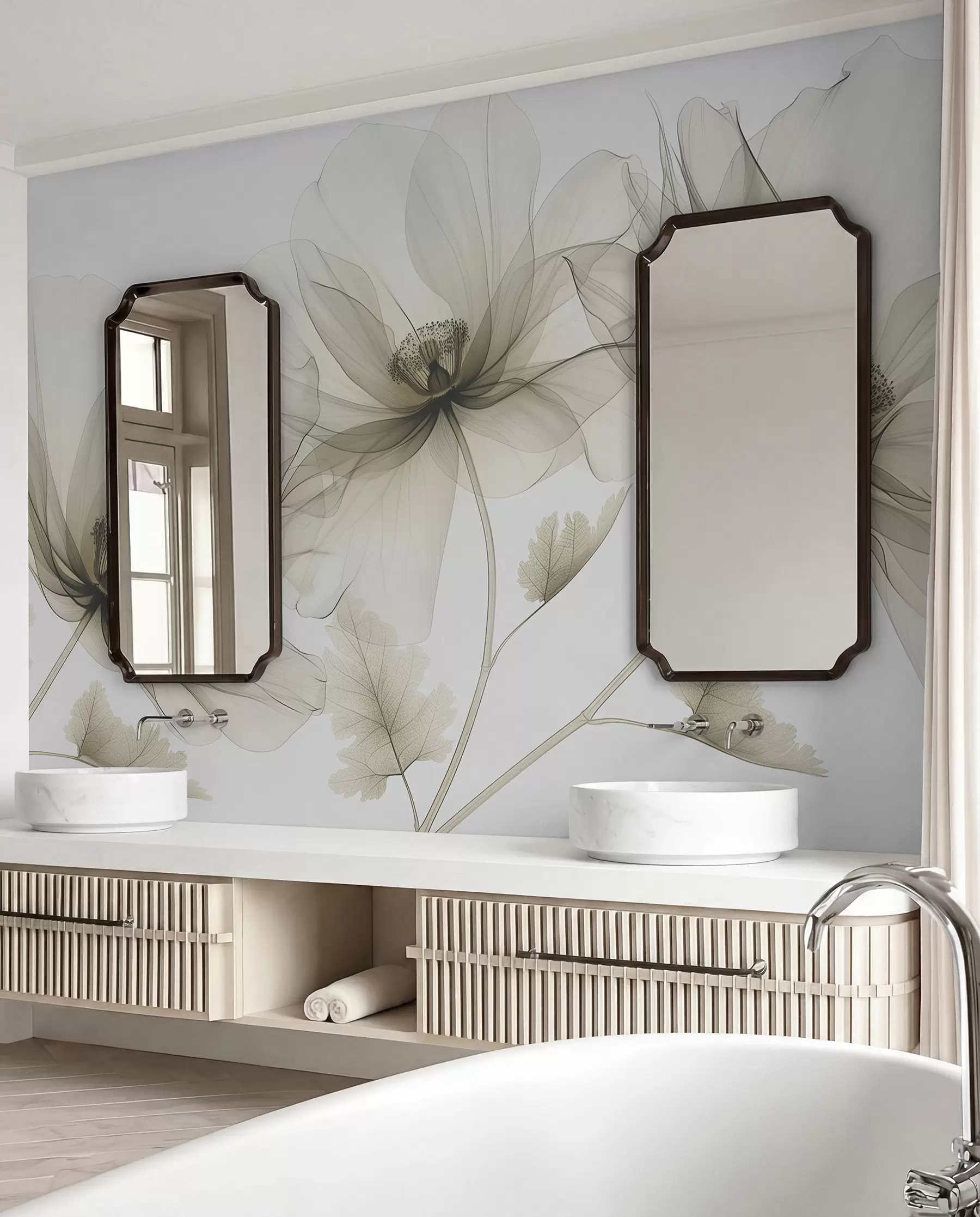 fototapeter Brun gjennomsiktig blomst i røntgenstil på hvit bakgrunn Minimalistisk monokrom botanisk design w01482v2