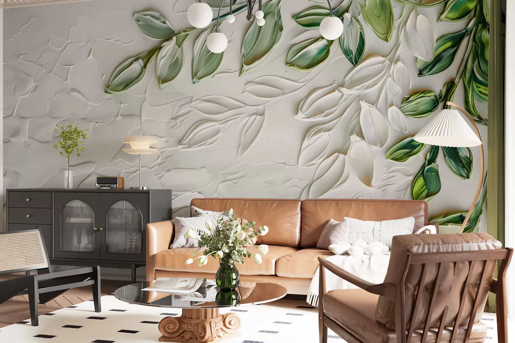 fototapeter 3d oljemaleri med grønn gren på hvit bakgrunn, minimalistisk design i boho-stil w01470