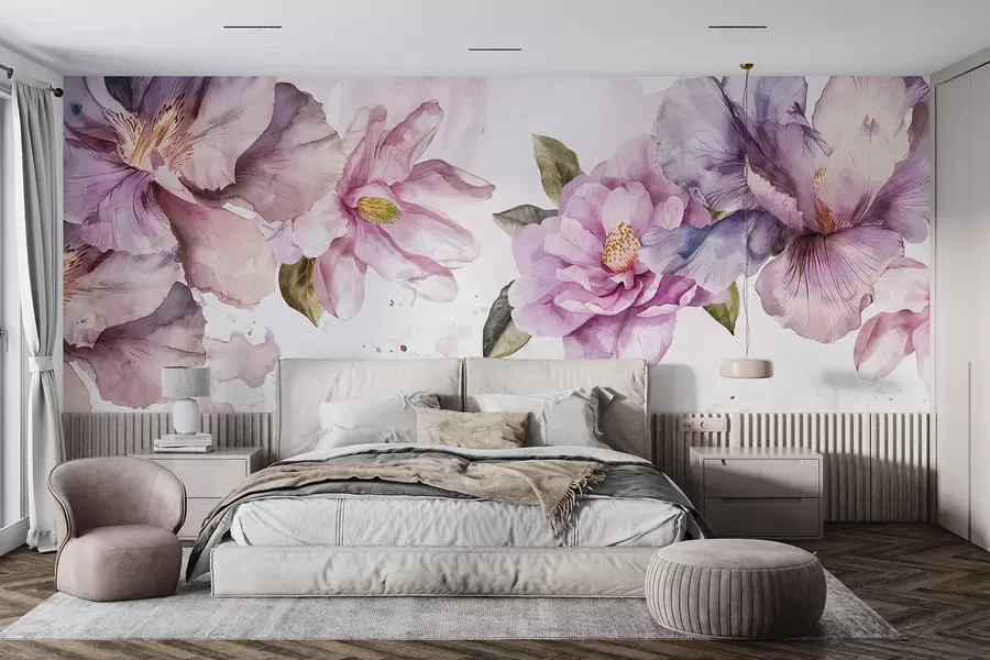 fototapeter Delikate rosa og lilla akvarellblomster med myke kronblader og grønne blader mot en lys bakgrunn w08238
