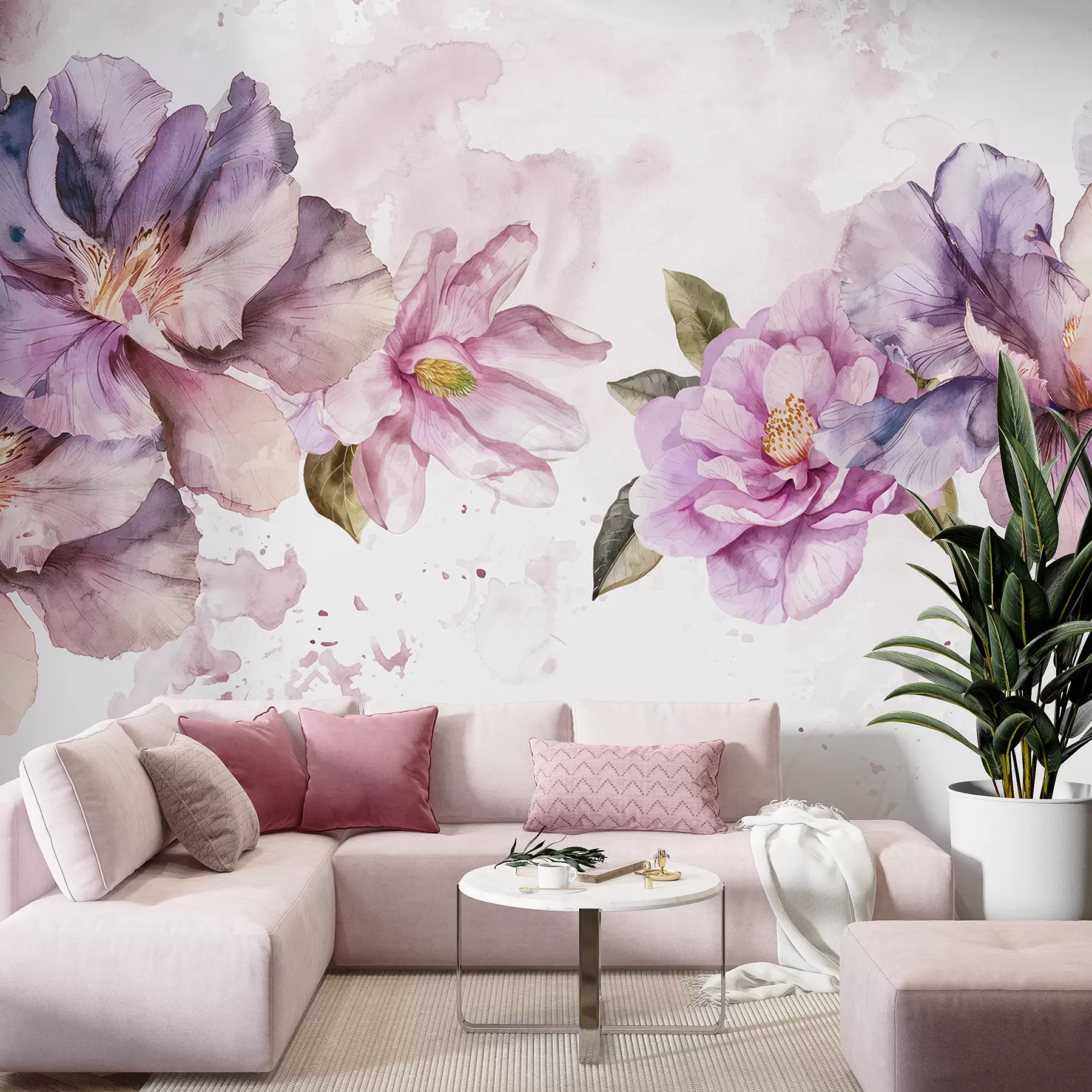 fototapeter Delikate rosa og lilla akvarellblomster med myke kronblader og grønne blader mot en lys bakgrunn w08238