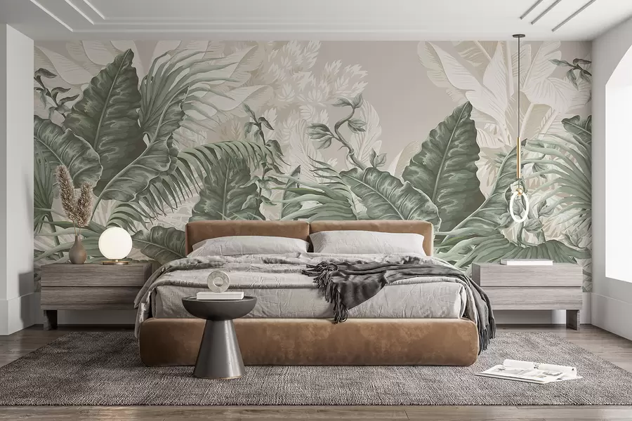 fototapeter En tropisk jungelscene med store grønne blader og blomster i forgrunnen, som skaper en frodig atmosfære w08242v1