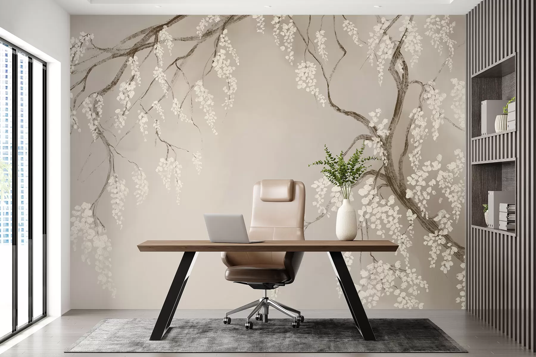 fototapeter Delikat hvitt kirsebærtre med blomstrende blomster på grener mot beige bakgrunn w08243