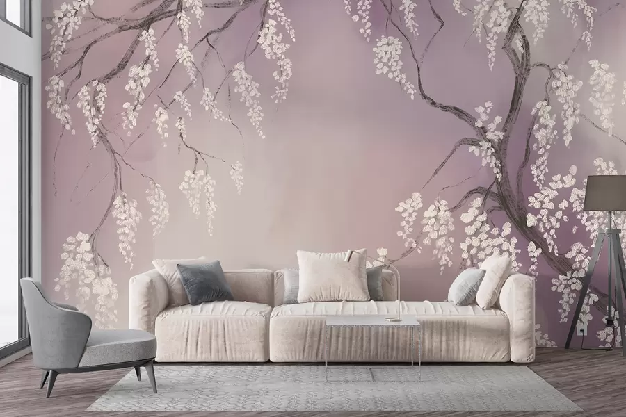 fototapeter Delikat hvitt kirsebærtre med blomstrende blomster på grener mot rosa bakgrunn w08243v2