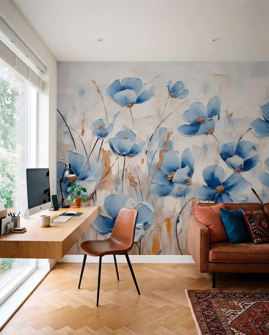 fototapeter Blå blomster på abstrakt bakgrunn, imitasjon av oljestrøk w01045