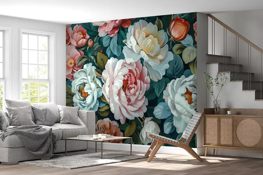 fototapeter Lys bukett med store frodige peoner og blomstrende roser w01495