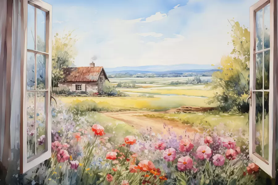 fototapeter Utsikt fra vinduet til en eng med blomster og et landlig hus akvarell w01057