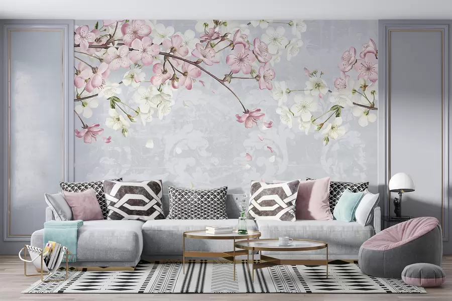 fototapeter Rosa og hvite kirsebærblomster i full blomst, med myke kronblader som faller mot en blå bakgrunn med struktur w08254