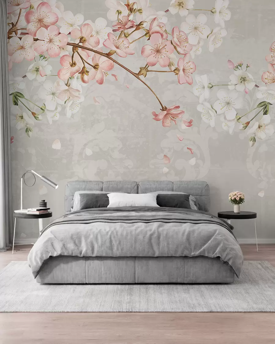 fototapeter Rosa og hvite kirsebærblomster i full blomst, med myke kronblader som faller mot en strukturert beige bakgrunn w08254v1