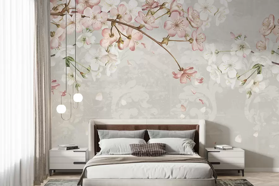 fototapeter Rosa og hvite kirsebærblomster i full blomst, med myke kronblader som faller mot en strukturert beige bakgrunn w08254v1