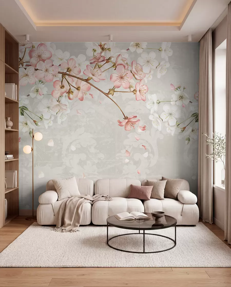 fototapeter Rosa og hvite kirsebærblomster i full blomst, med myke kronblader som faller mot en strukturert beige bakgrunn w08254v1