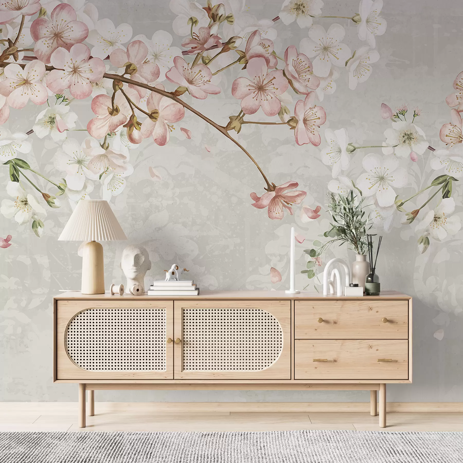 fototapeter Rosa og hvite kirsebærblomster i full blomst, med myke kronblader som faller mot en strukturert beige bakgrunn w08254v1