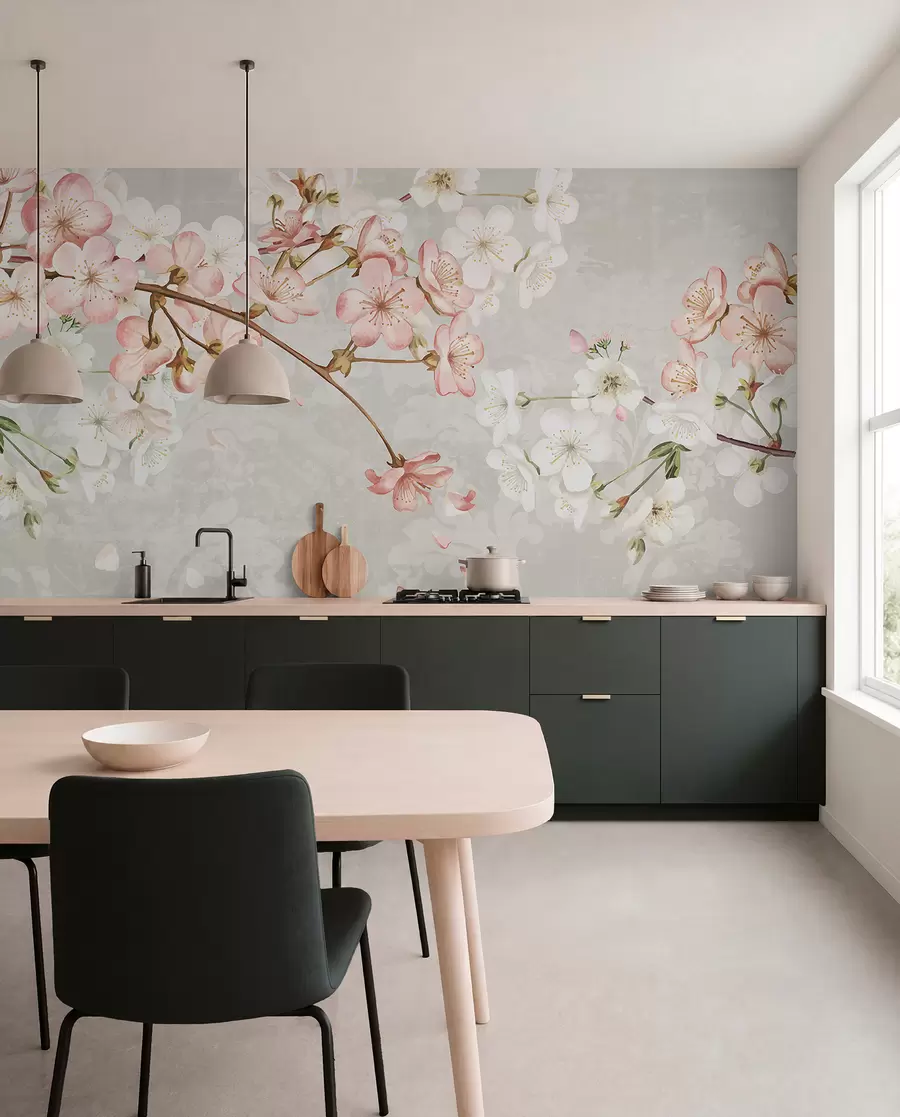 fototapeter Rosa og hvite kirsebærblomster i full blomst, med myke kronblader som faller mot en strukturert beige bakgrunn w08254v1
