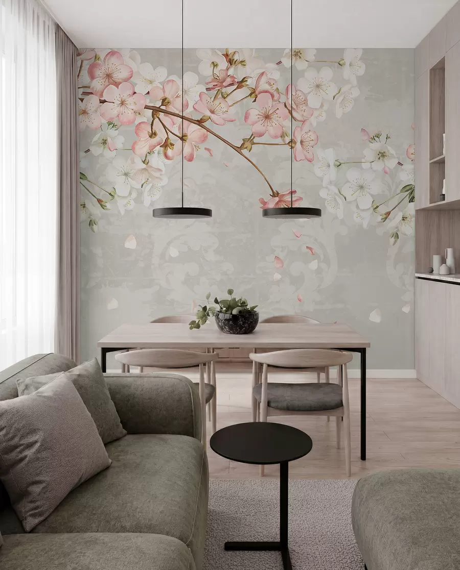 fototapeter Rosa og hvite kirsebærblomster i full blomst, med myke kronblader som faller mot en strukturert beige bakgrunn w08254v1