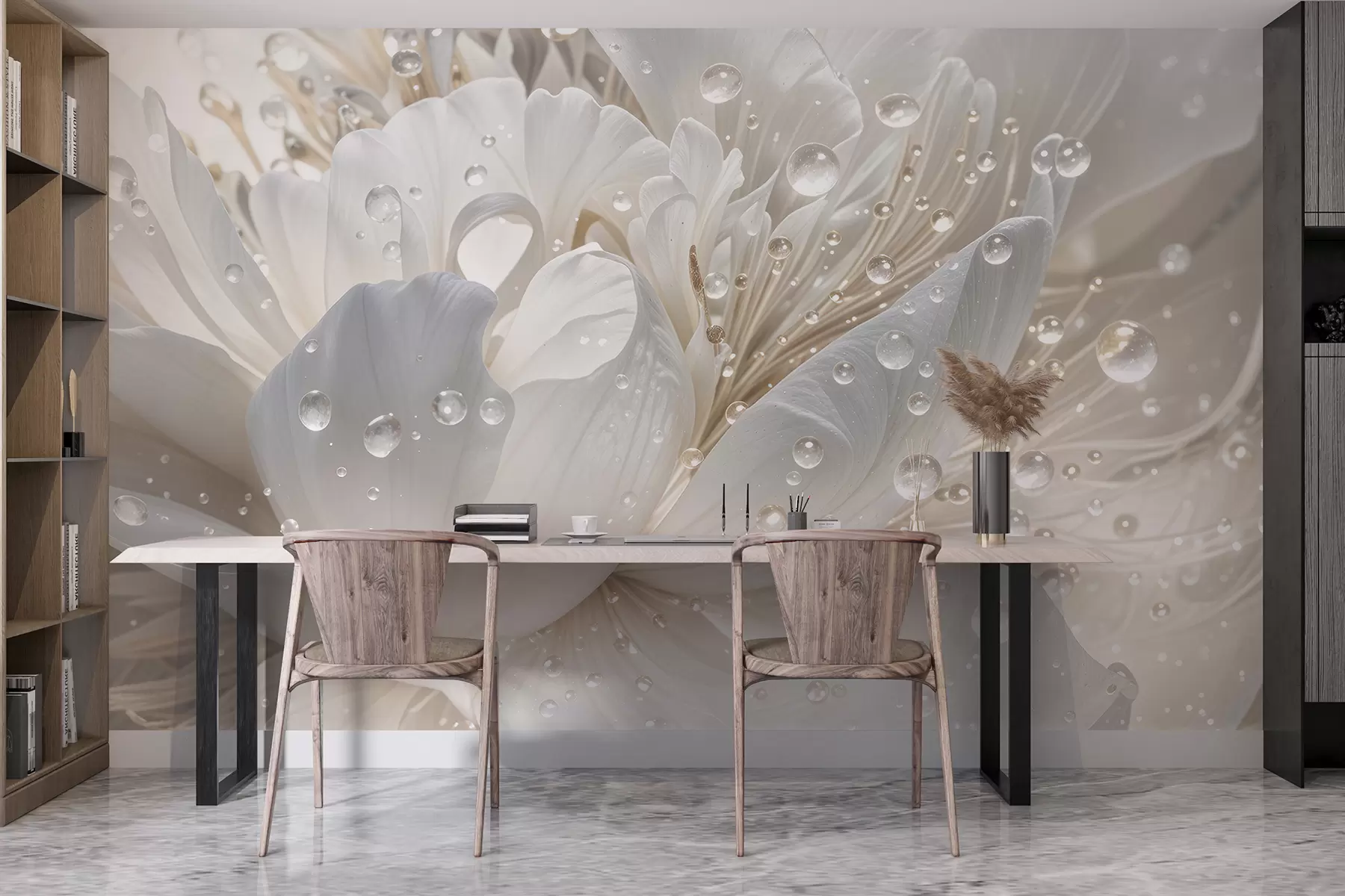 fototapeter Nærbilde av en hvit pionblomst med delikate kronblader og vanndråper w08262