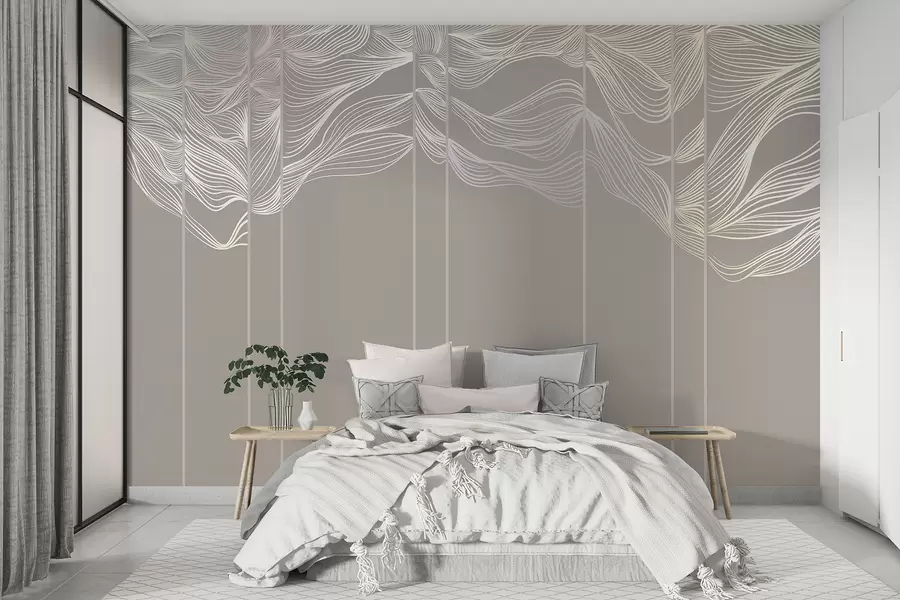 fototapeter Flytende hvite, abstrakte bølgelinjer mot en lysebrun bakgrunn w08263