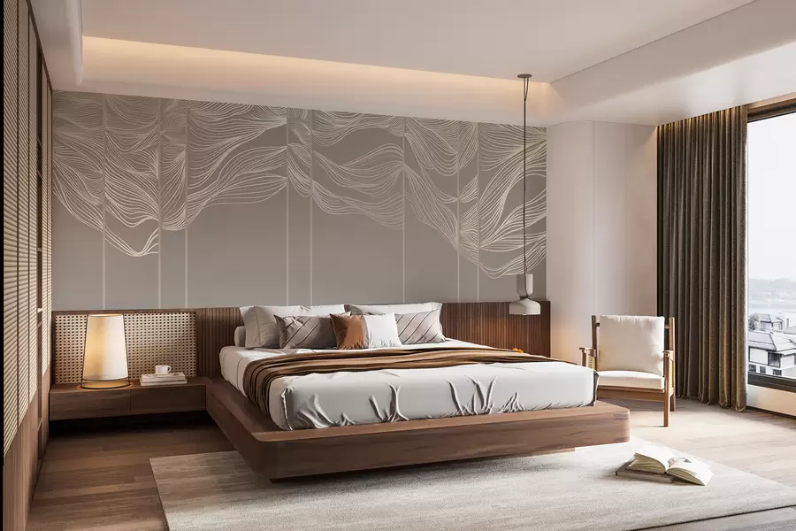 fototapeter Flytende hvite, abstrakte bølgelinjer mot en lysebrun bakgrunn w08263