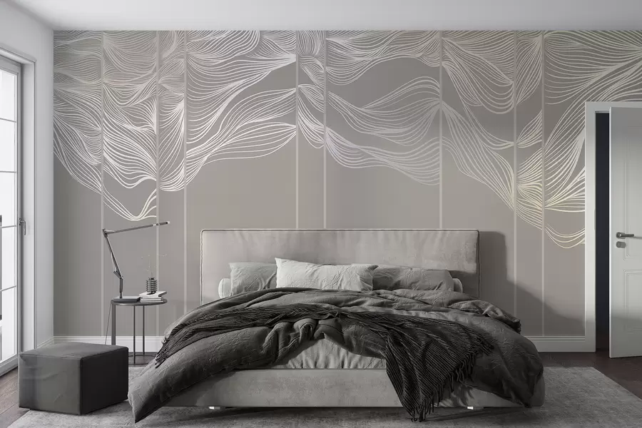 fototapeter Flytende hvite, abstrakte bølgelinjer mot en lysebrun bakgrunn w08263