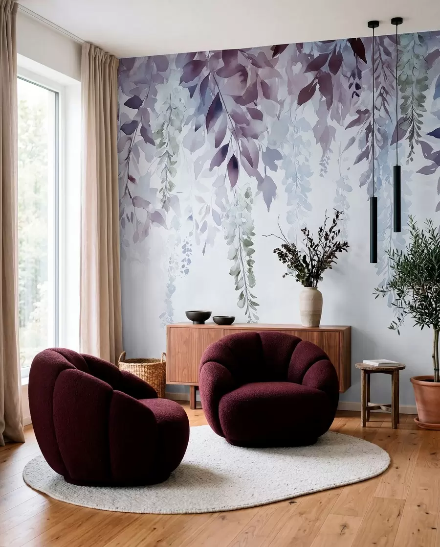 fototapeter Blåregnblomst, blomsterdekorasjon, akvarell, blå og lilla farger w01545v1