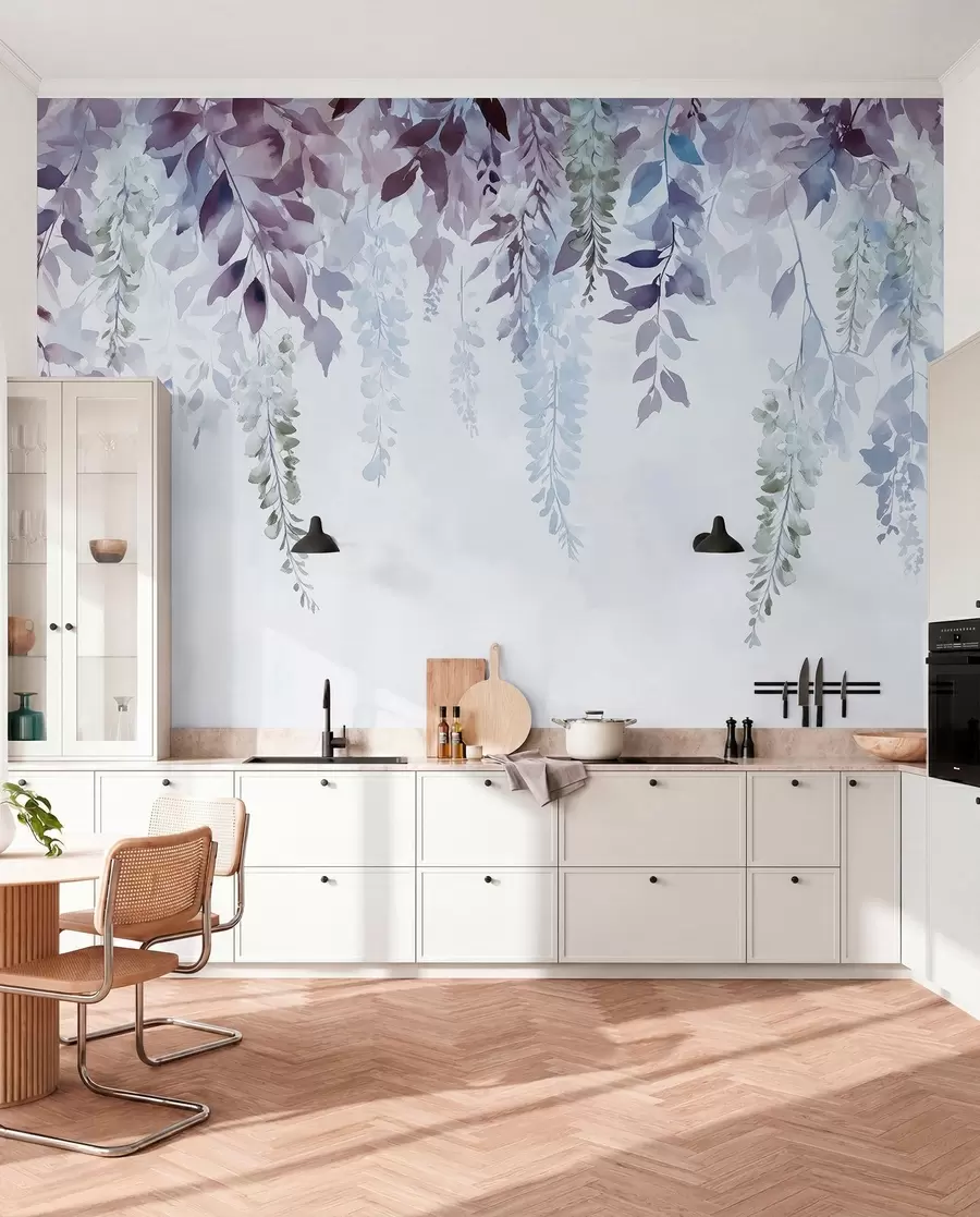 fototapeter Blåregnblomst, blomsterdekorasjon, akvarell, blå og lilla farger w01545v1