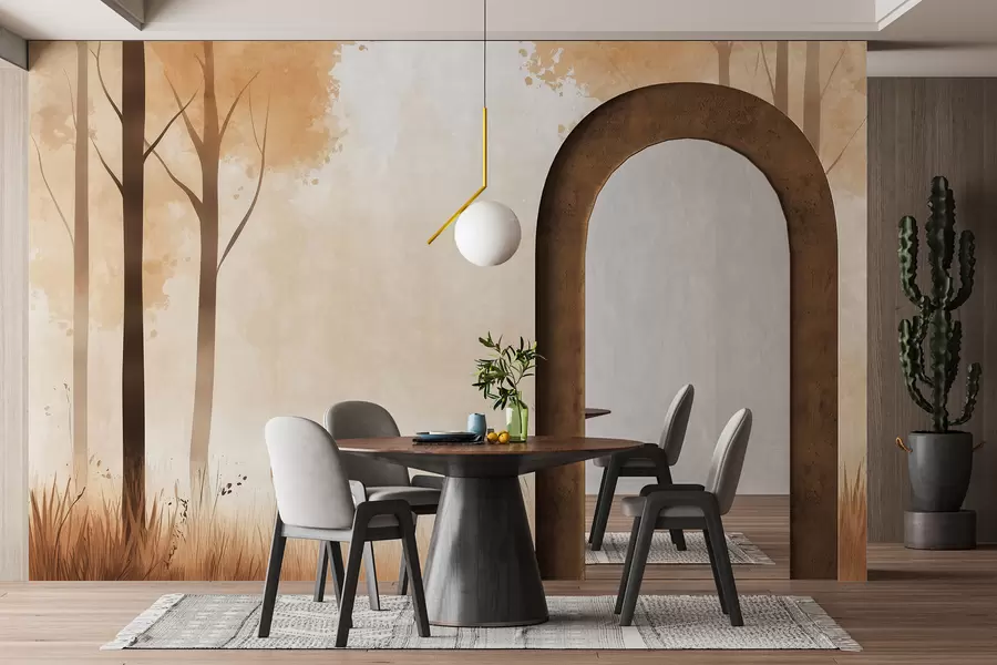 fototapeter Akvarell skog, tåke, trær, gress, naturlandskap, beige farge w01563