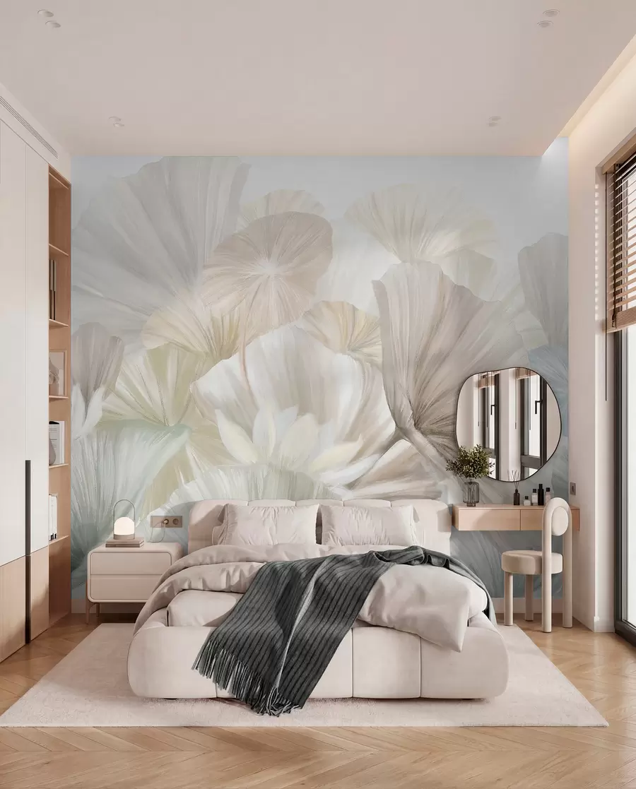 fototapeter Delikate grønne lotusblader med hvite blomster med myke, fjærlette kronblader arrangert i en naturlig kunstkomposisjon w08265