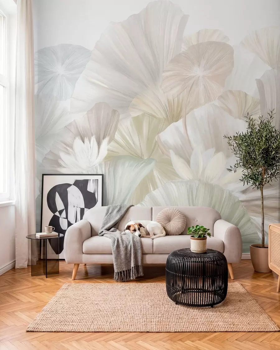 fototapeter Delikate grønne lotusblader med hvite blomster med myke, fjærlette kronblader arrangert i en naturlig kunstkomposisjon w08265