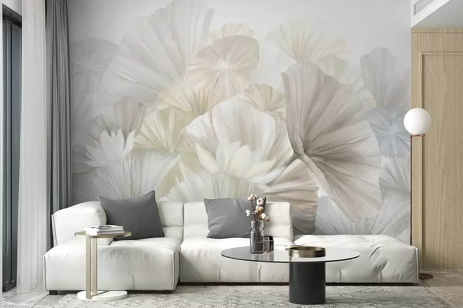 fototapeter Delikate grønne lotusblader med hvite blomster med myke, fjærlette kronblader arrangert i en naturlig kunstkomposisjon w08265