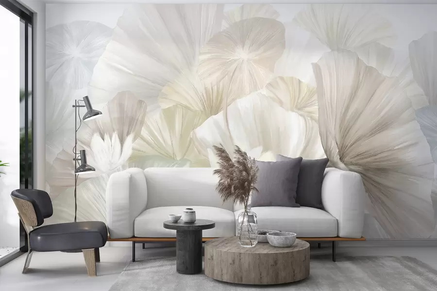 fototapeter Delikate grønne lotusblader med hvite blomster med myke, fjærlette kronblader arrangert i en naturlig kunstkomposisjon w08265