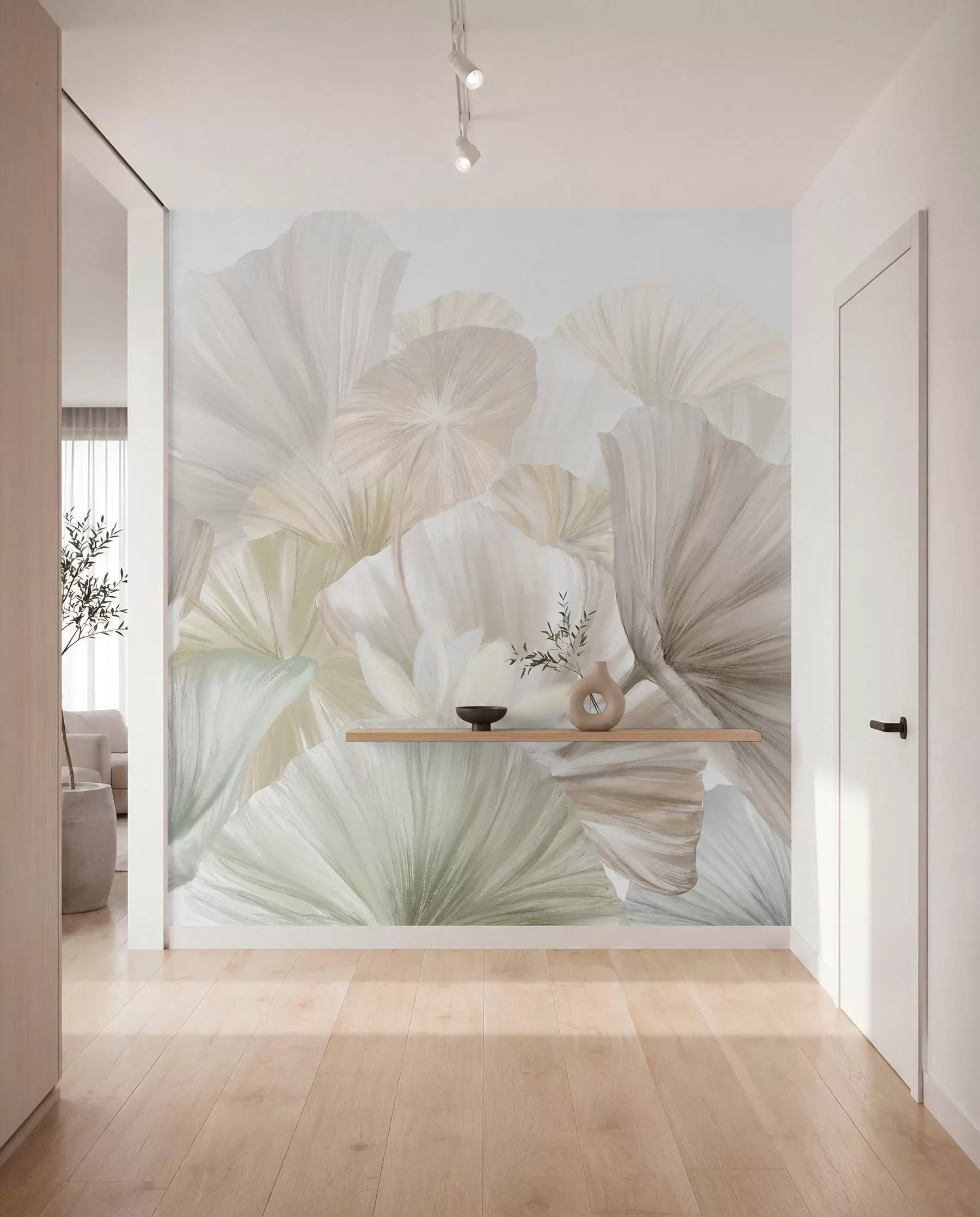 fototapeter Delikate grønne lotusblader med hvite blomster med myke, fjærlette kronblader arrangert i en naturlig kunstkomposisjon w08265