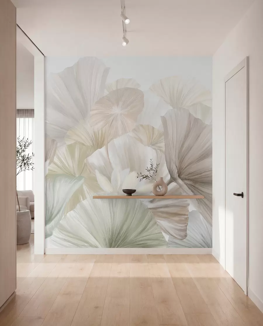 fototapeter Delikate grønne lotusblader med hvite blomster med myke, fjærlette kronblader arrangert i en naturlig kunstkomposisjon w08265