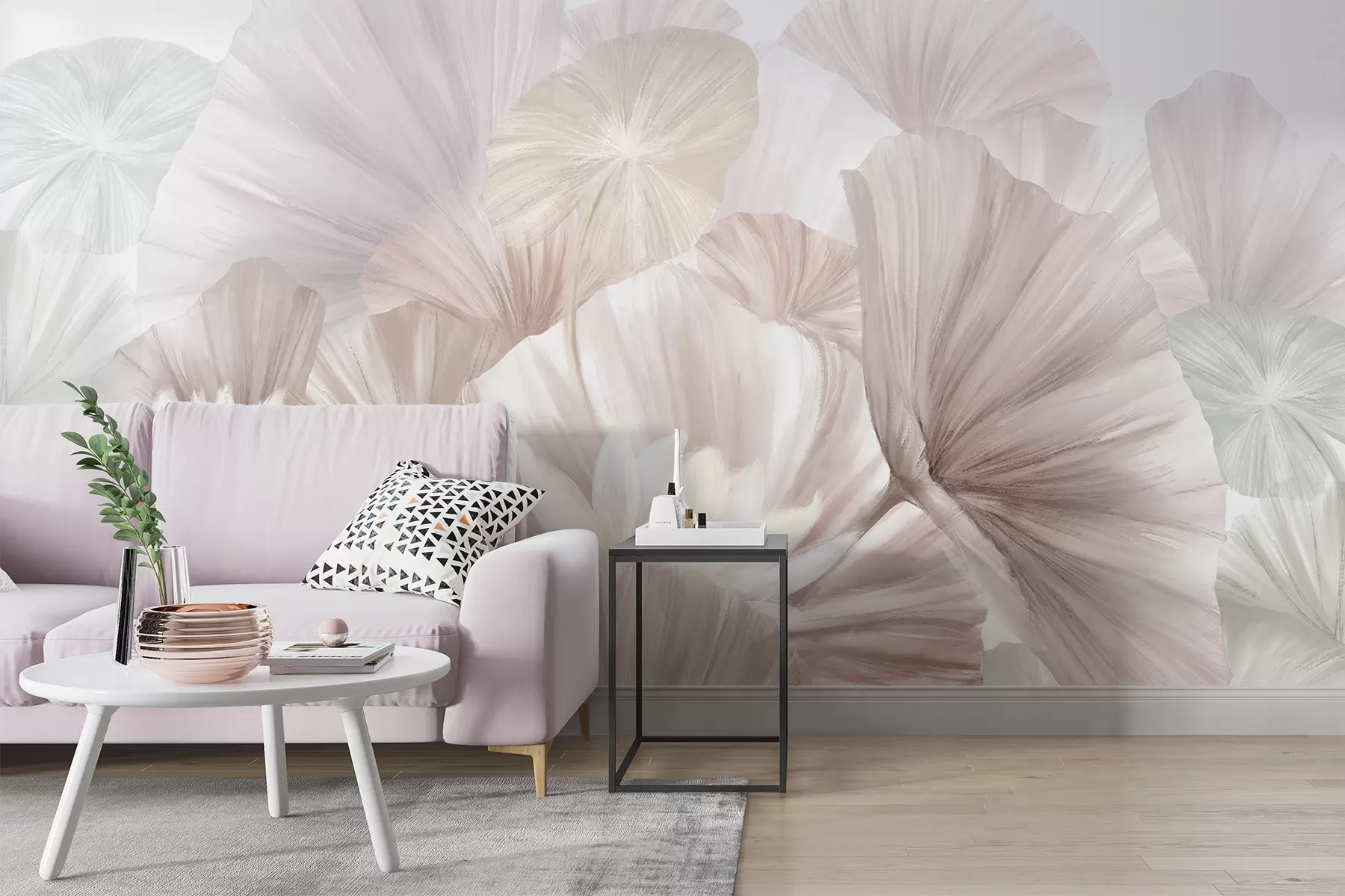fototapeter Delikate rosa lotusblader med hvite blomster med myke, fjærlette kronblader arrangert i en naturlig kunstkomposisjon w08265v1